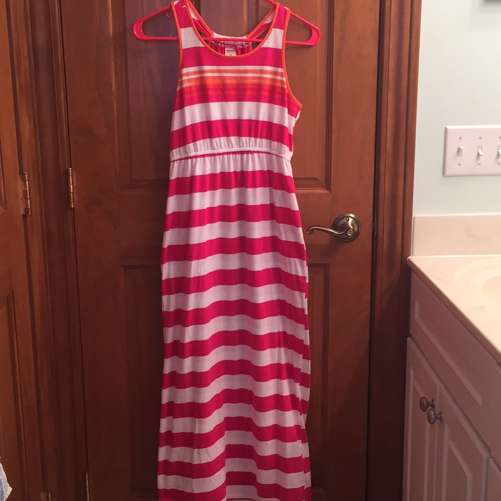 Pink and white striped maxi dress